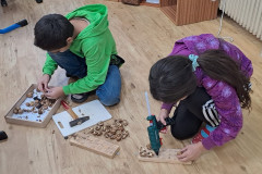 Žáci připravují ořechy pro ptáčky.