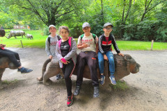 Žáci na dřevěném lvu  v ZOO Lešná.